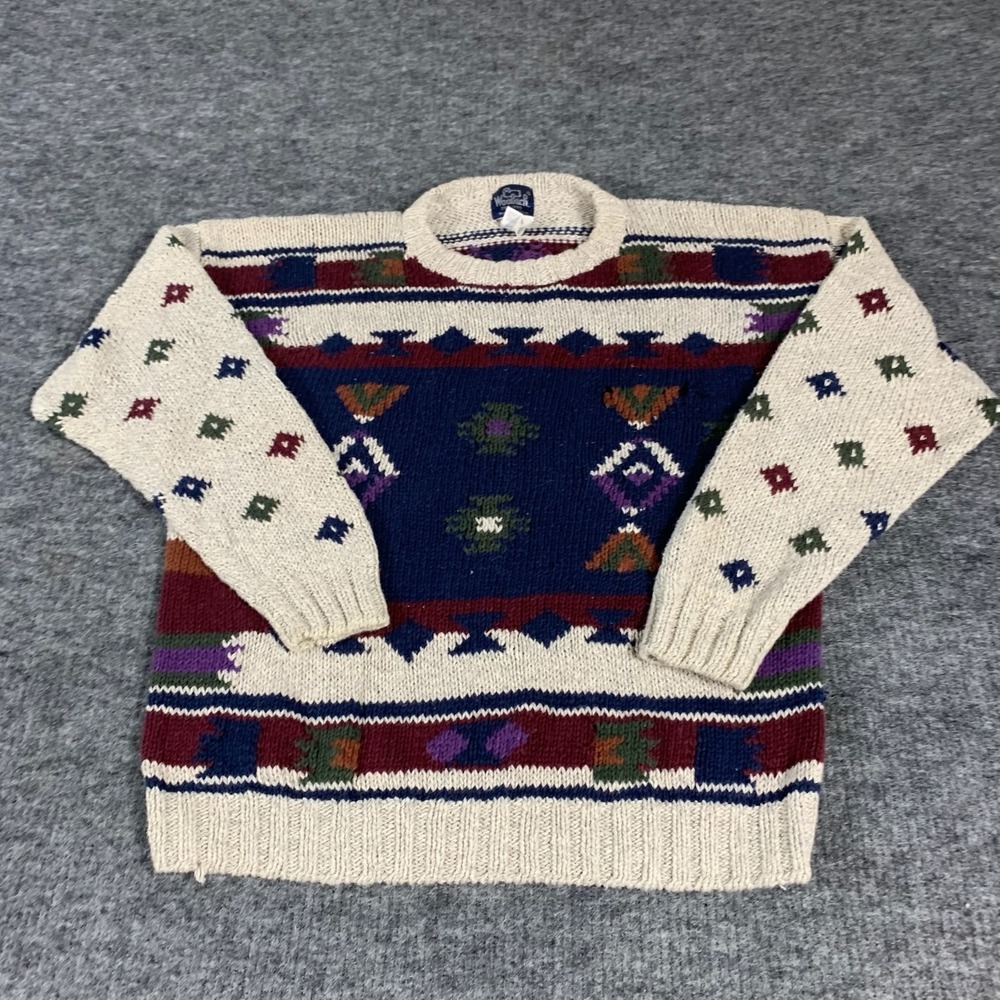 Vintage Woolrich Sweater Mens XL Beige Colorful Southwestern Chunky Heavy Retro